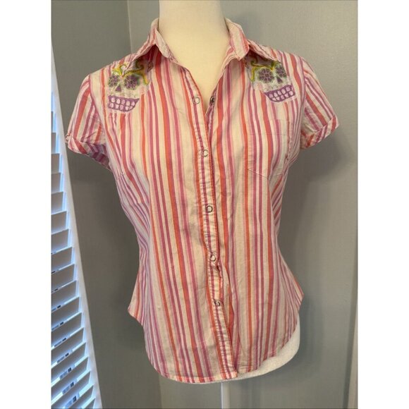 No Boundaries 90s Y2K Pink Striped Embroidered Skeleton Skull Button Down M/L - Picture 2 of 16
